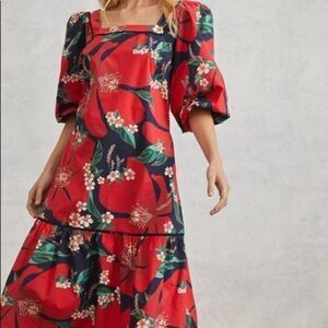 FARM RIO Anthropologie Jamila Red Blue Floral Women's Midi Dress SMALL